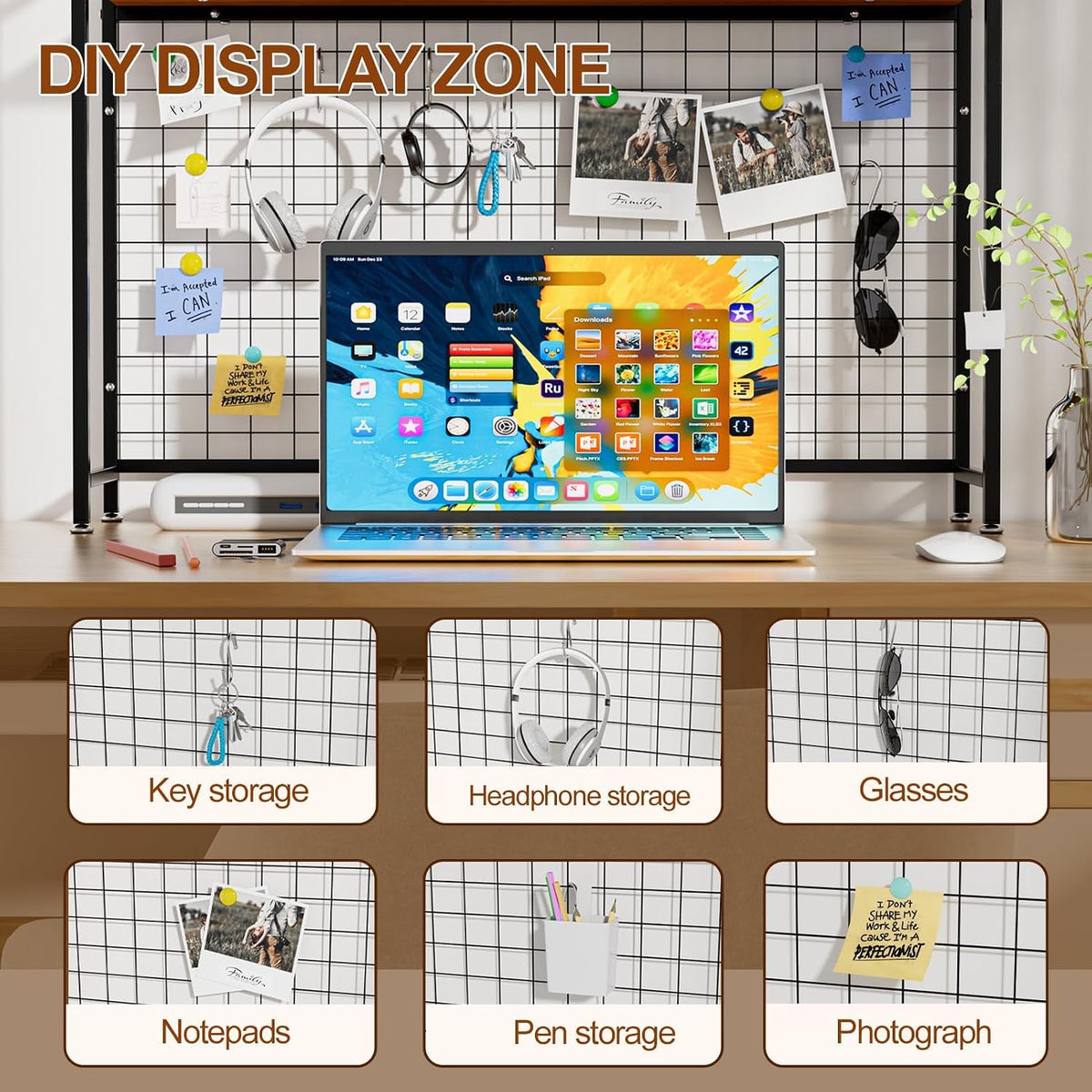 2-Tier Desk Shelf with Grid Panel, Freestanding, Black, 45.3" W
