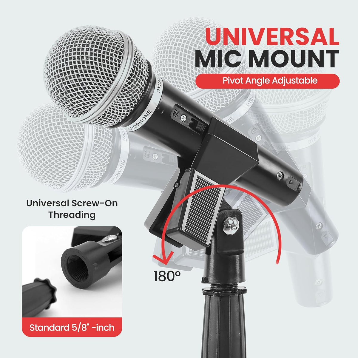 Pyle Universal Microphone Stand - Handheld Mic Compatible, Heavy Compact Base, Lightweight & Compact Design, 2.8 to 5 Ft Height Adjustable Clamp, Pivot Angle Clip, Home/Studio Use (Pair)