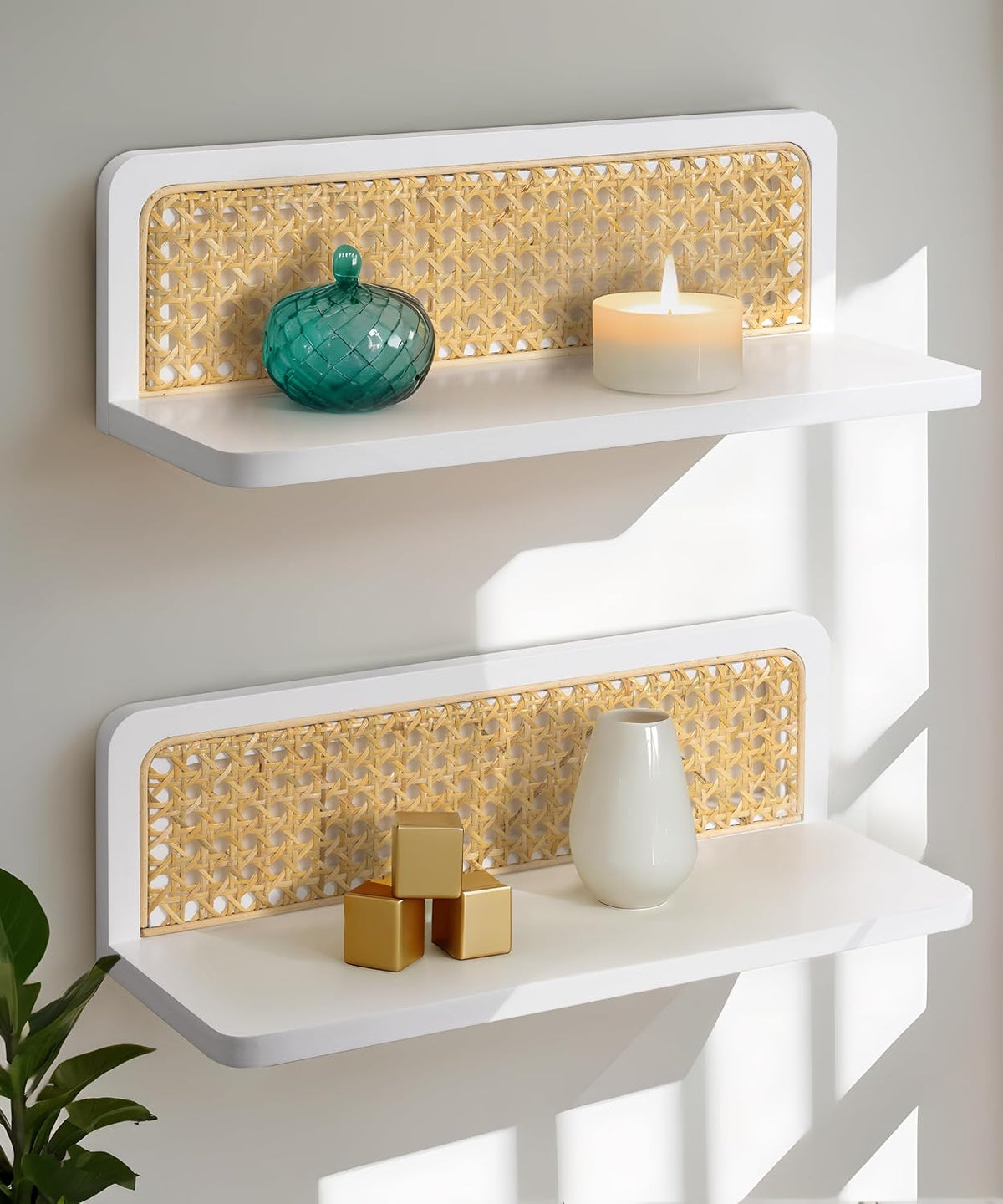 Maxpeuvon Rattan Floating Shelves for Wall Set of 2, White Wall Shelves