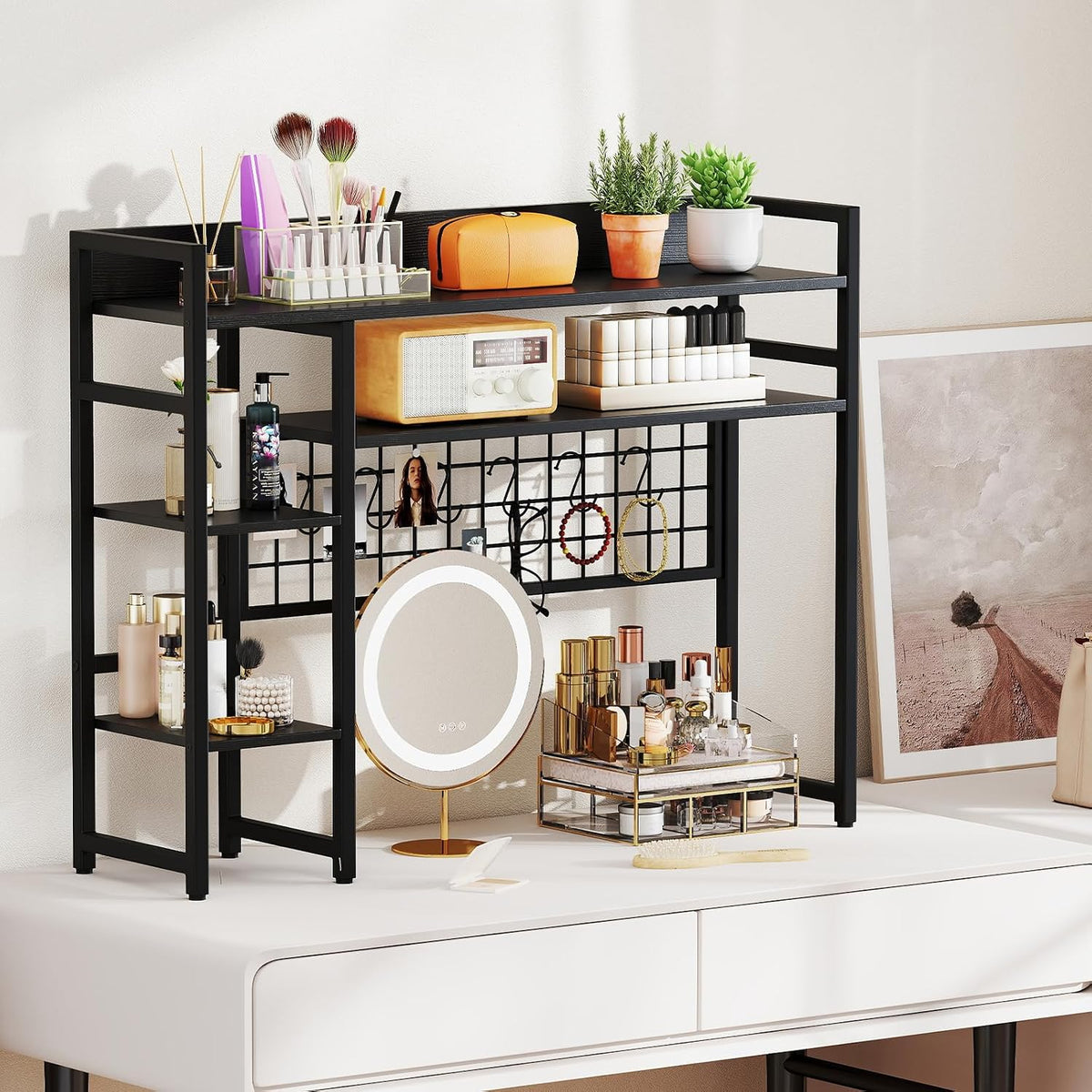 Tangkula Desktop Bookshelf for Computer Monitor Up to 32”, Countertop Storage Hutch with 4 Open Shelves, Grid Panel, 6 Hooks, Anti-tip Device, 4-Tier Desktop Shelves for Home Office Dorm, Black