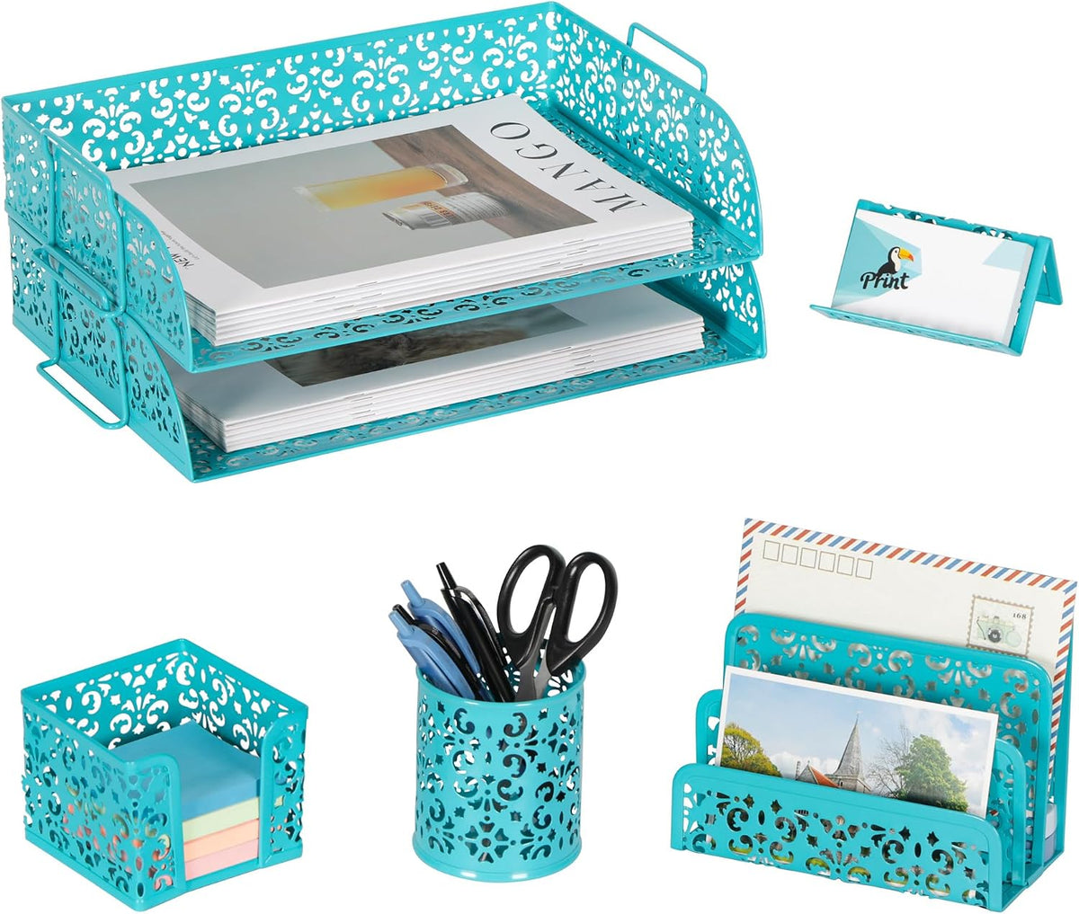 EasyPAG Desk Organizers and Accessories 5 Pieces Office Supplies Set - 2 Tier Paper Tray, Pencil Organizer for Desk, Mail Sorter Countertop, Business Card Holder and Sticky Note Holder, Dark Teal