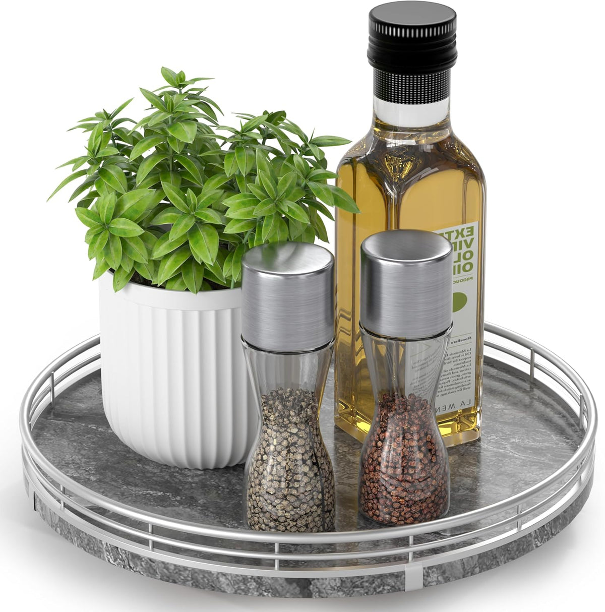 AHM10-Inch Gray Marble Lazy Susan with Silver Iron Frame