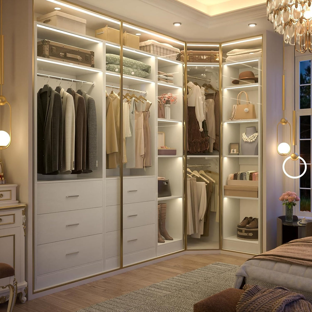 Besiost Corner Closet System with 6 Drawers, Corner Closet Organizer System