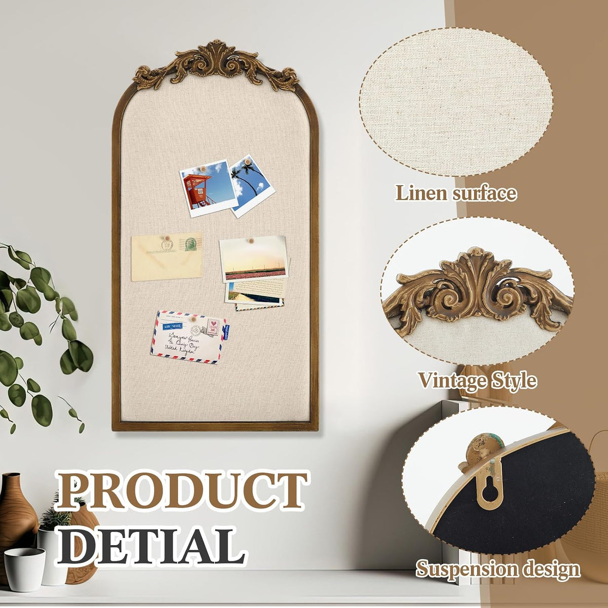 Wonderjune Linen Display Pinboard, Arch, 13" X 25", Retro Golden