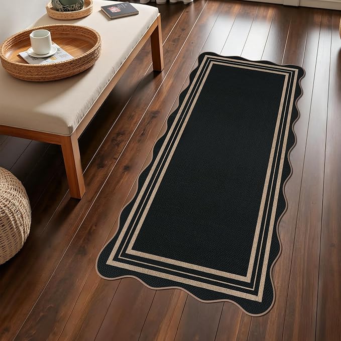 Scalloped Easy Jute Black Rug, 2x4 Front Door Washable Door Mat Non Slip Small