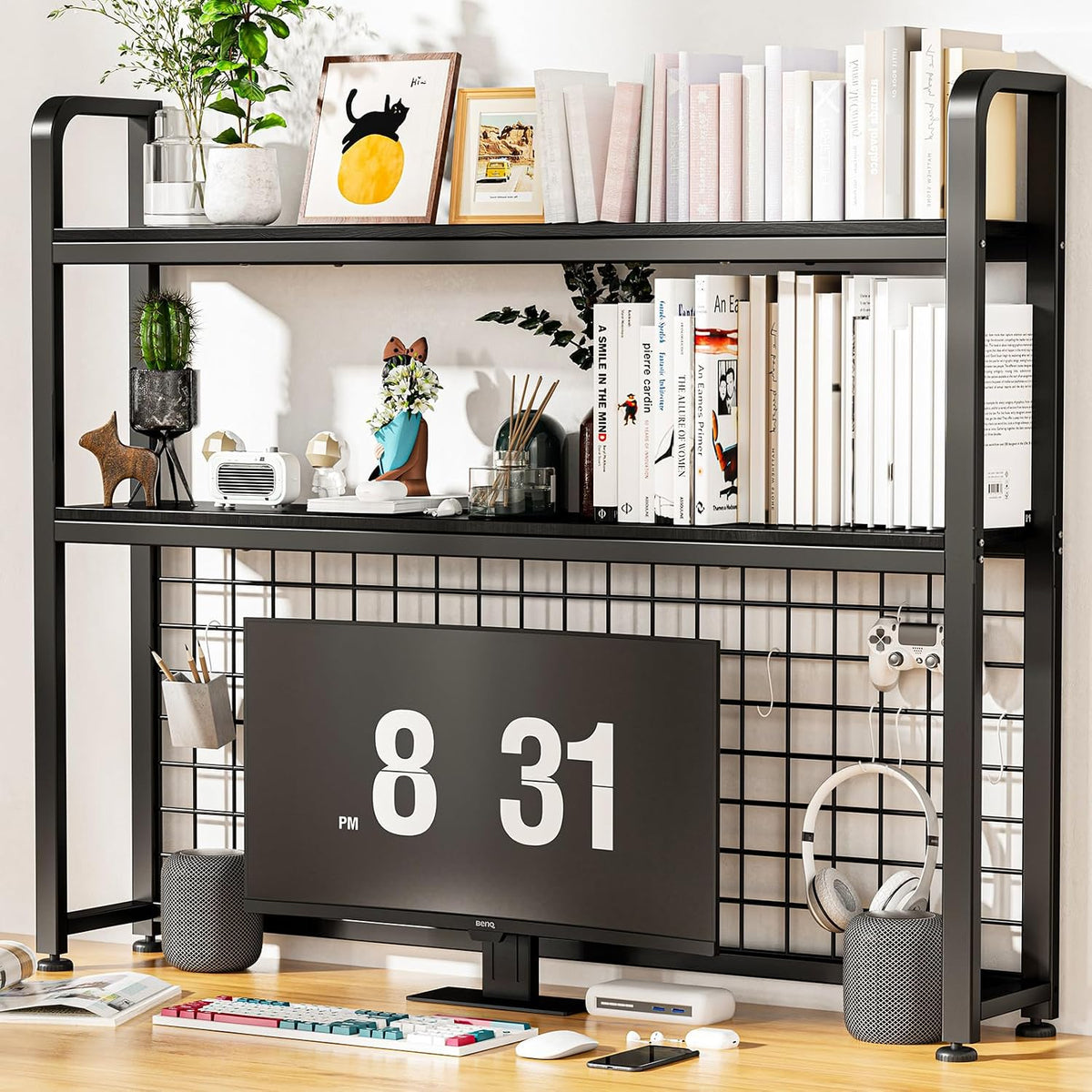 HUATOL Desktop Bookshelf for Computer Desk, 2-Tier Multipurpose Wood Countertop Bookshelf, Wooden Desktop Bookcase, Multipurpose Freestanding Storage Rack Display Shelf for Office, Home Decor, Black