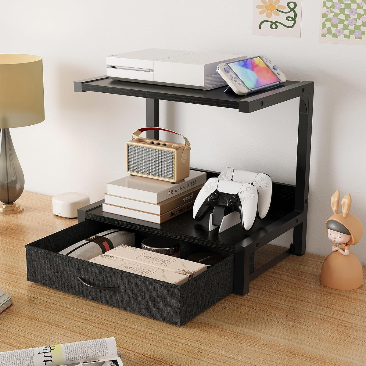 Desktop Printer Stand with Fabric Drawer, Printer Stand for Desk, 2-Tier Desk Shelf Organzier for Home Office, Above and Under Desk, Fax Machine, Scanner, Black