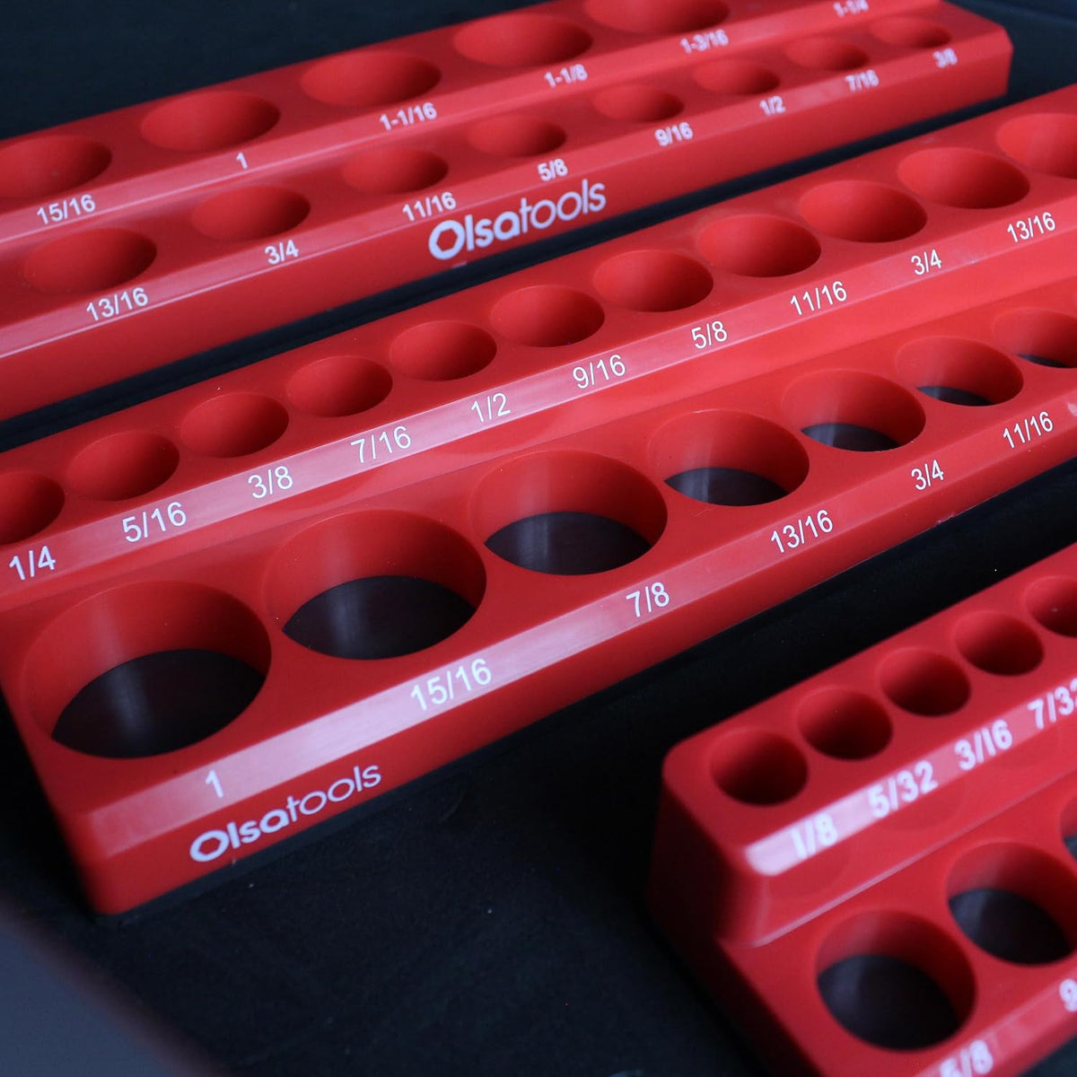 Olsa Tools Magnetic Socket Organizer - 3 Piece Socket Holder Kit - 1/2-Inch - 3/8-Inch - 1/4-Inch Drive - SAE - Red - Holds 68 Sockets - Professional-Grade Tool Organizer - Part: 1150