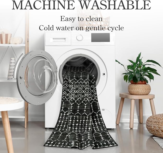 Lahome Moroccan Black Rug 2x8 Washable Non-Skid Kitchen Floor Runner,