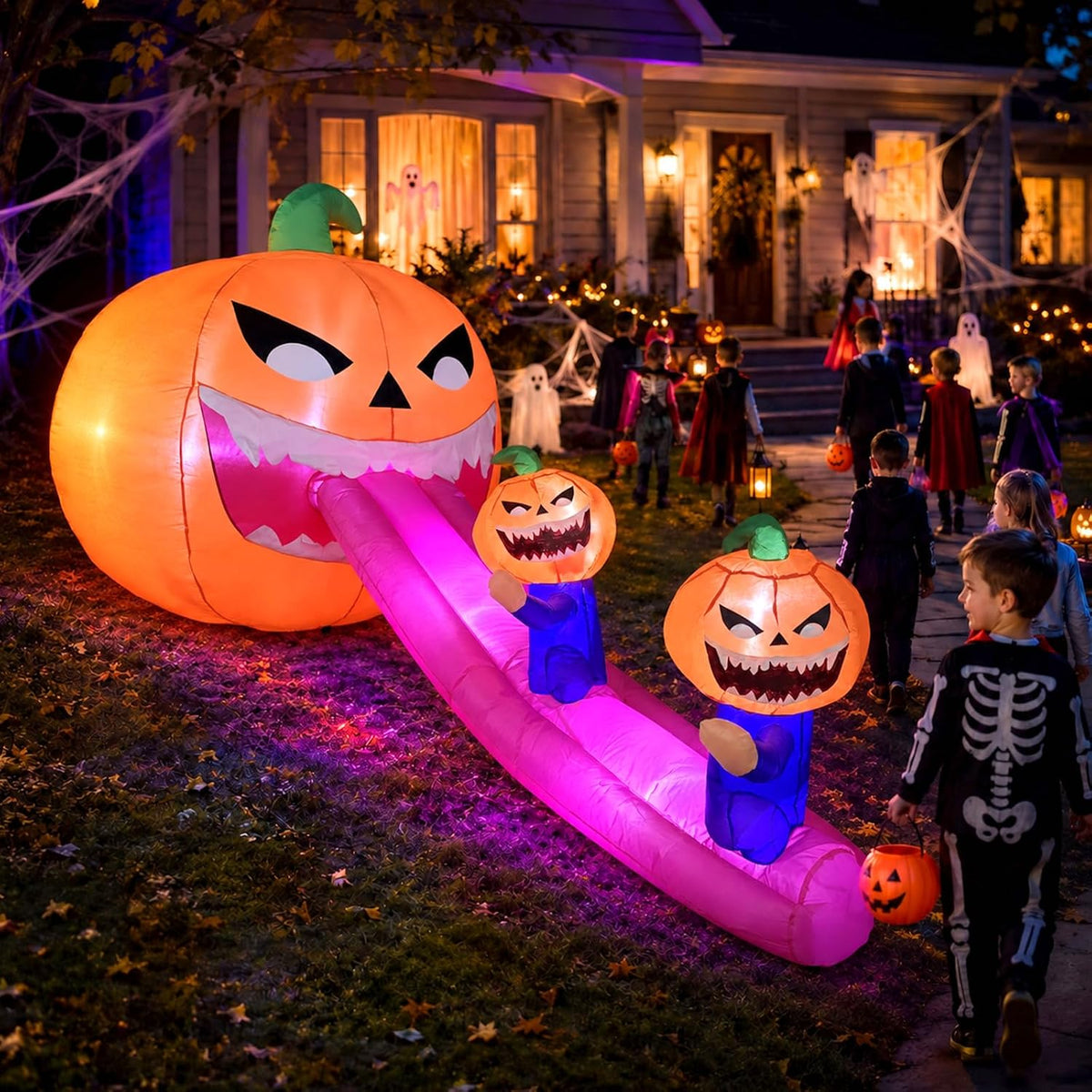 9FT Halloween Inflatables Pumpkin Outdoor Decorations, Blow Up Inflatable Giant Pumpkin Monster with Long Tongue and LEDs for Yard, Lawn, Garden, Porch and Party Deco