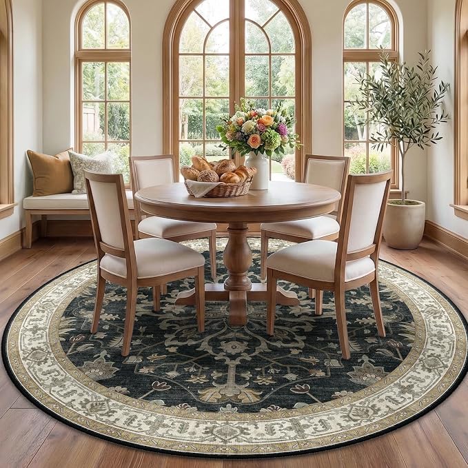 RELEANY Area Rugs Round 7ft Washable Non-Slip, Floral Vintage Distress