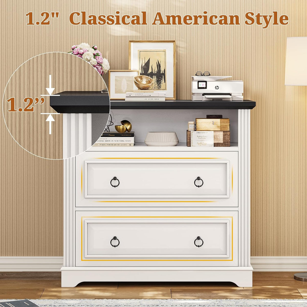 Itaar 2 Drawer File Cabinet, Farmhouse Filing Cabinet for Home Office Fits Letter, Legal, A4 Size, Wood Lateral File Cabinet with Printer Stand, Storage Shelf, White
