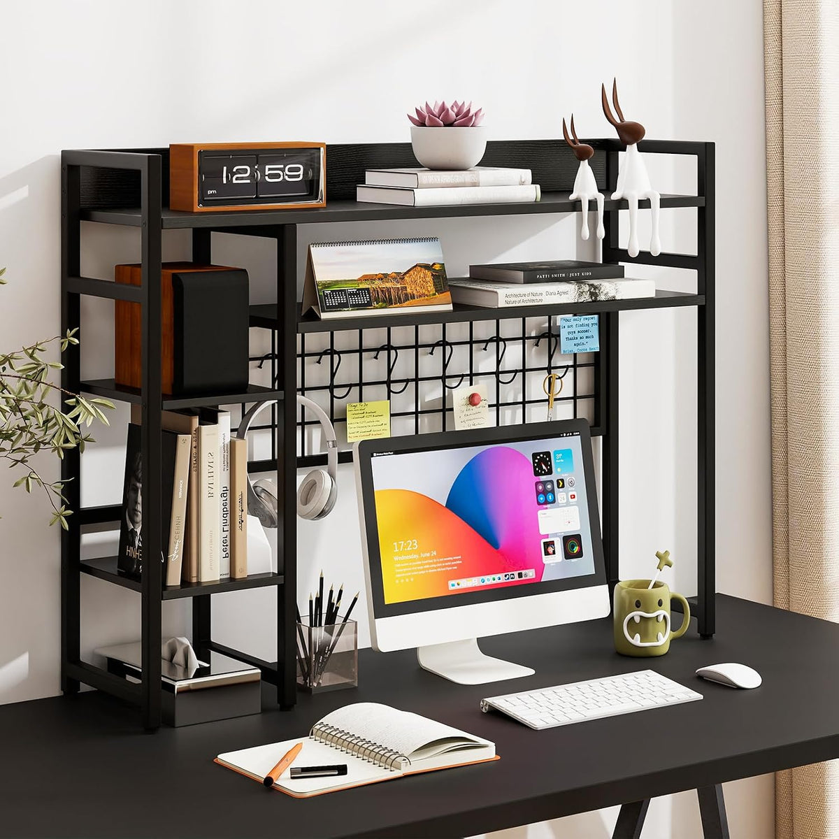 GOFLAME Desktop Bookshelf, 37 Inch Desk Shelf for Computer Monitor, 4-Tier Desk Hutch with Grid Panel 6 Hooks Set, Industrial Countertop Storage Organizer Shelf for Home Office, Dorm (Black)