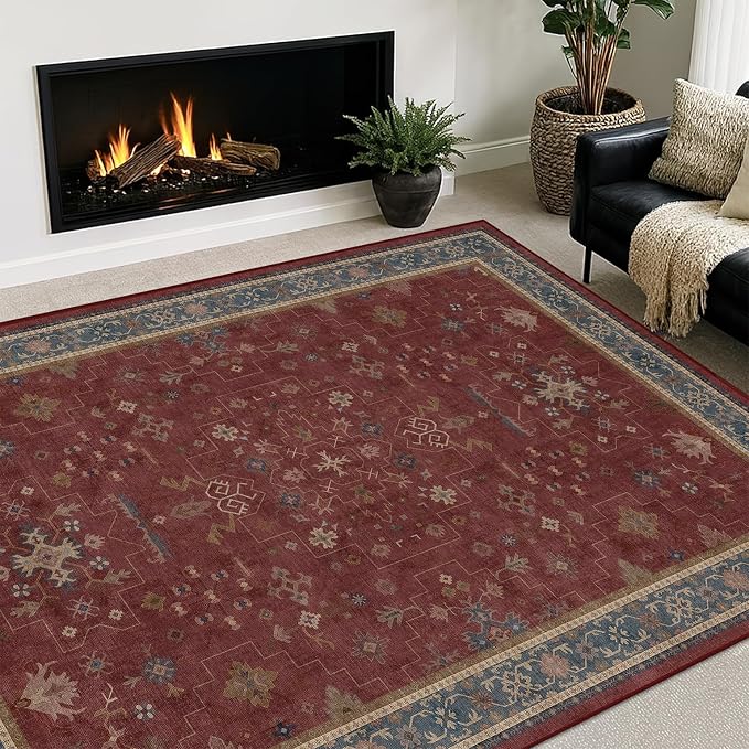 5x7 Boho Dark Red Rug for Living Room