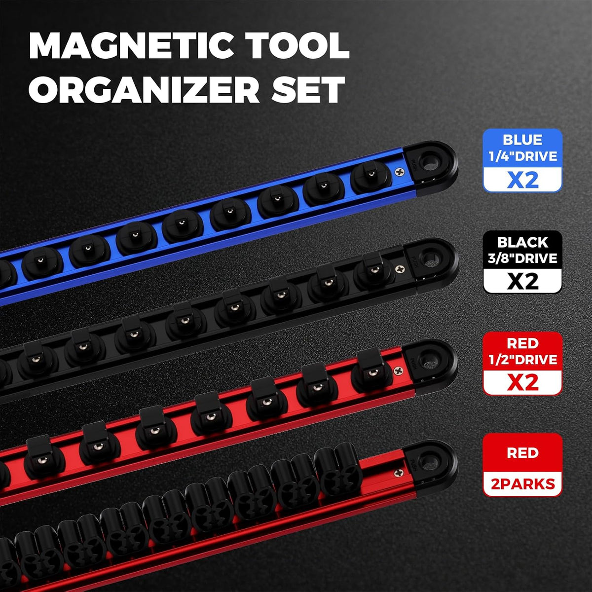 Mayouko 8-Piece Magnetic Socket Organizer and Magnetic Screwdriver Organizer Set, 6-Piece 1/4", 3/8" & 1/2" Drive Socket Rails, 2-Piece Wrench Organizer, Aluminum Rail Magnetic Tool Organizer