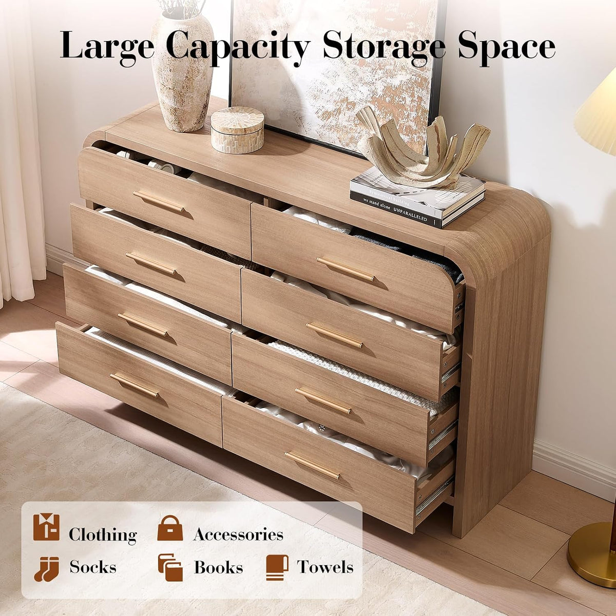Curved Drawer Dresser for Bedroom with 8 Drawers, 54'' Wide Chest of Drawer