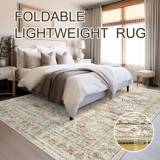 Soalmost 5x7 Area Rugs Brown Pink Low Pile Indoor Washable Trendy Faded Style