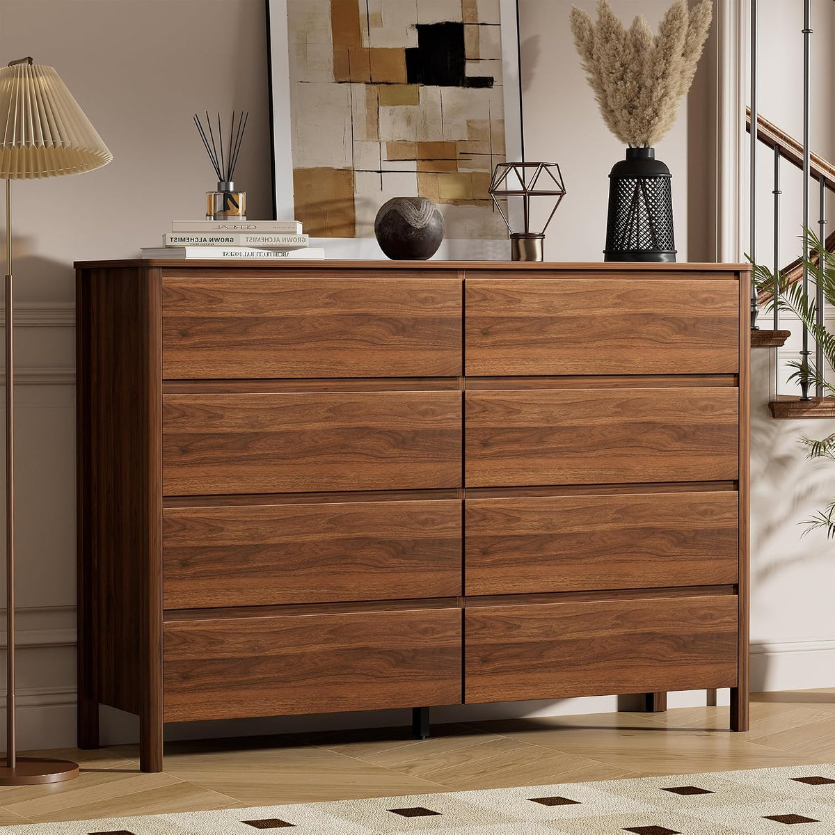 Furniway 55" Wide 8 Drawer Wood Dresser for Bedroom with Legs, Walnut