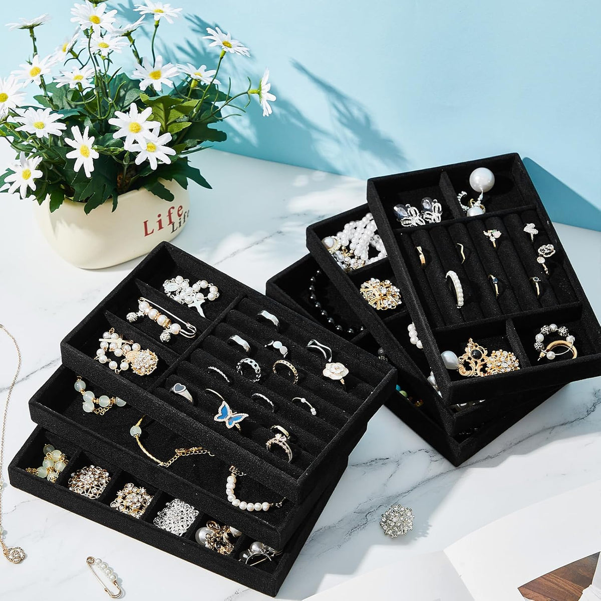 Junkin 18 Pcs Stackable Jewelry Drawer Organizer Inserts Black