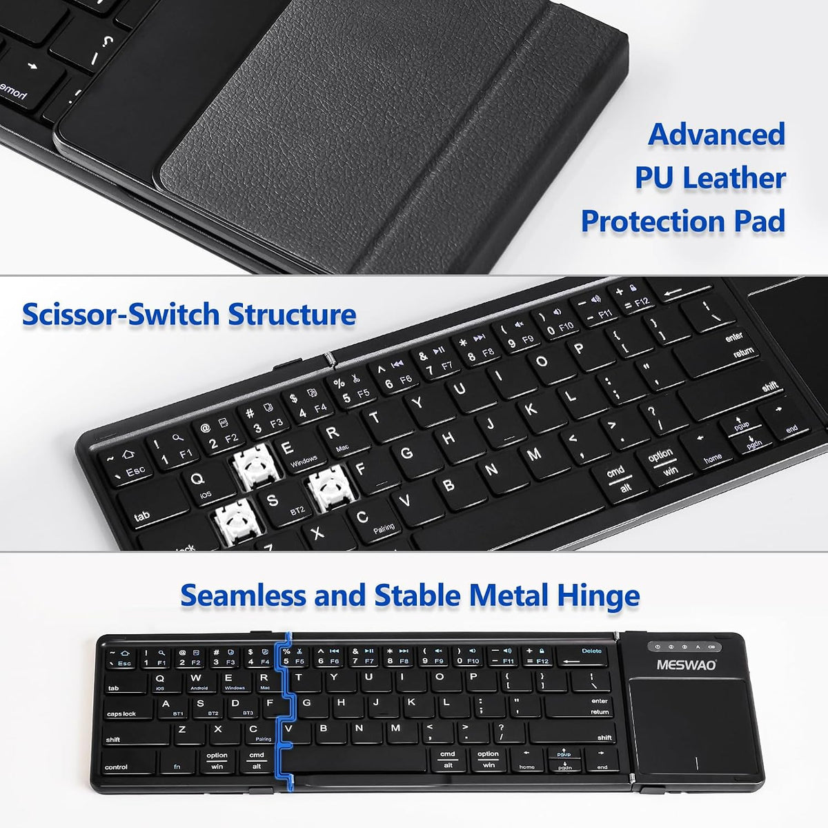 MESWAO Foldable Bluetooth Keyboard with Touchpad, Wireless Folding Keyboards with PU Leather (Sync up to 3 Devices), Full-Size Portable Keyboard for Android/Windows/iOS
