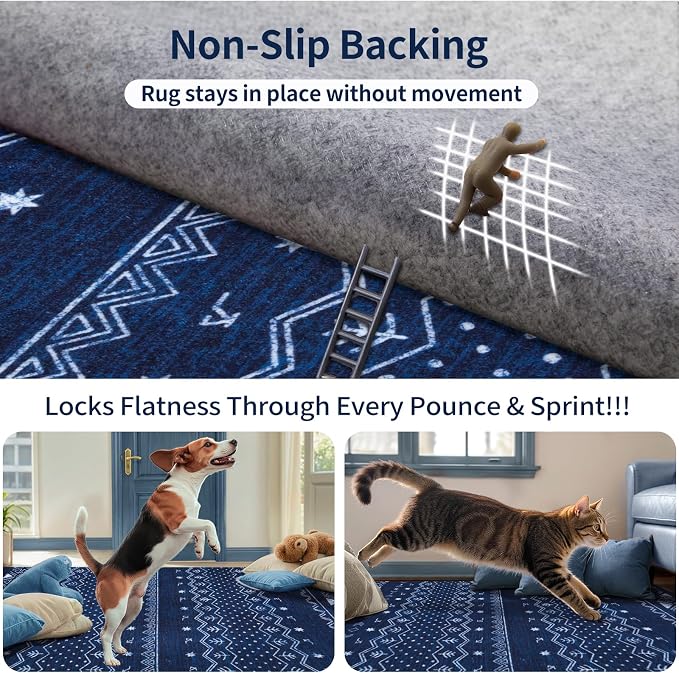 SERISSA Hallway Runner Rug, 2x10 Washable Non-Slip Blue and White Boho Rug