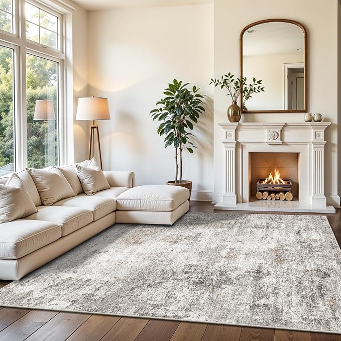 8x10 Washable Living Room Rug – Modern Neutral Abstract Soft Large Area Rug