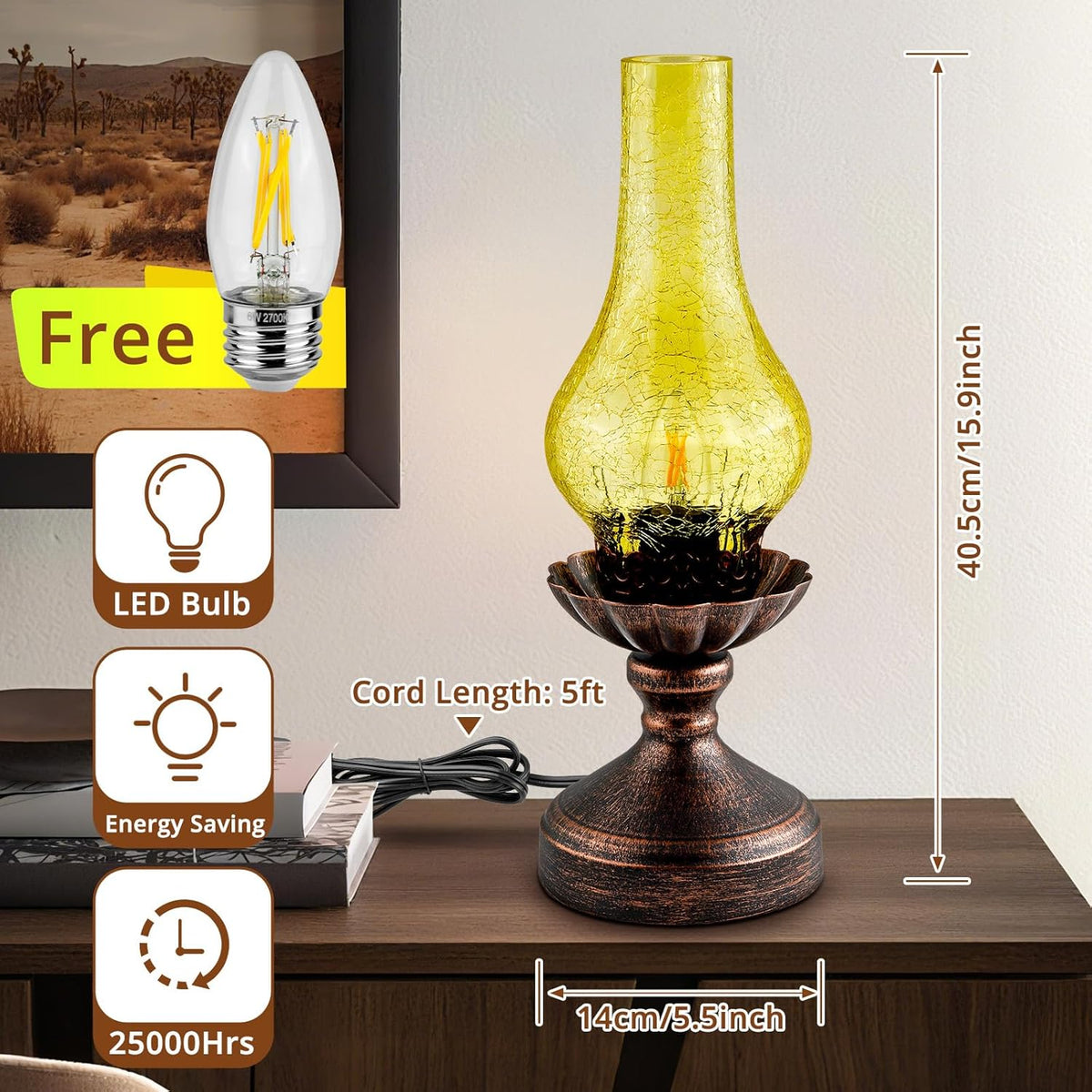 Vintage Table Lamp,Touch Control & 3-Way Dimmable Rustic Retro Farmhouse Bedside Lamp with Amber Glass Shade and LED Bulb for Bedroom, Living Room, Cabin, Office