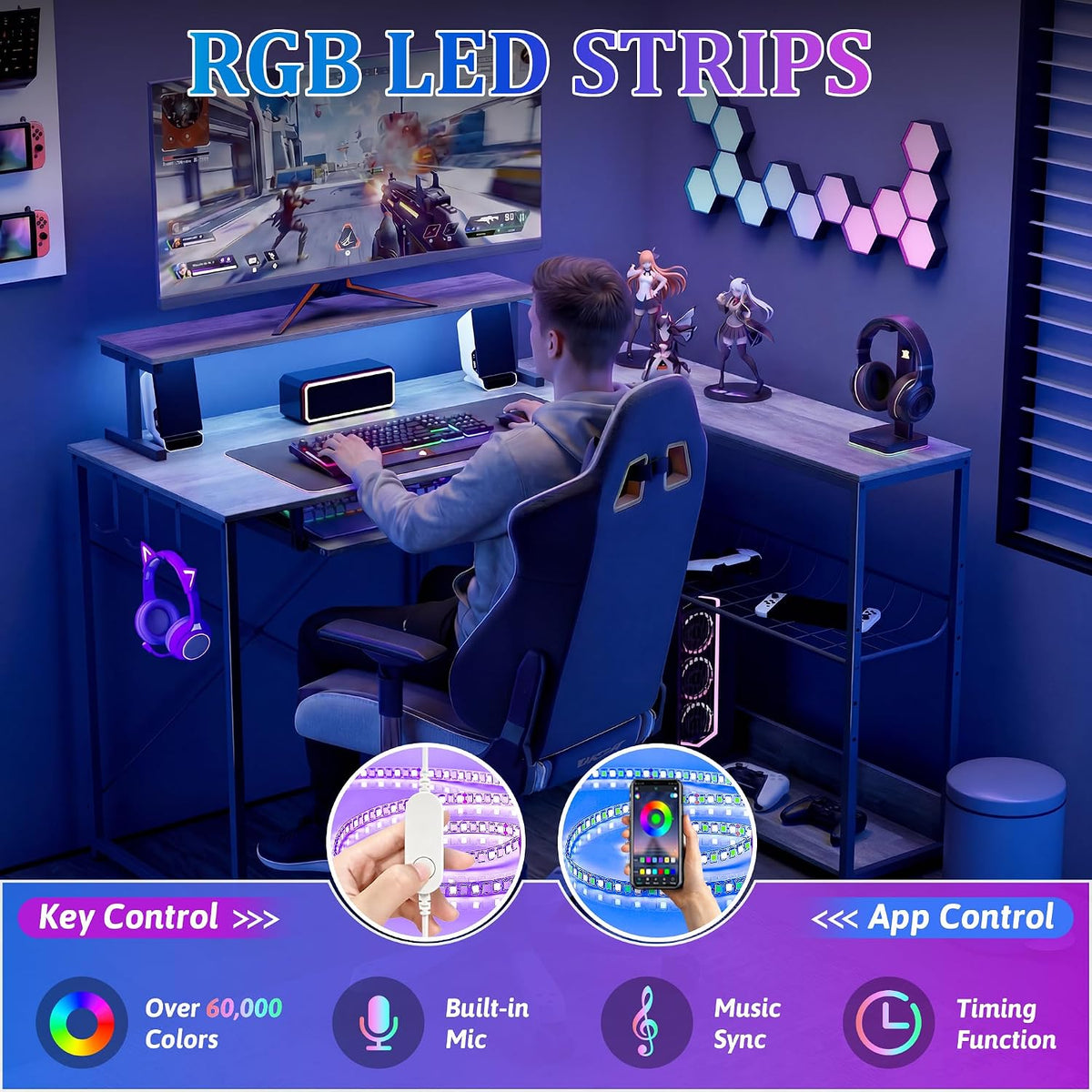 L Shaped Gaming Desk with Power Outlets & RGB LED Lights, 46" Corner Computer Table with Monitor Stand, Keyboard Tray, Storage Shelves & CPU Stand, Home Office Desk for Small Spaces, Grey