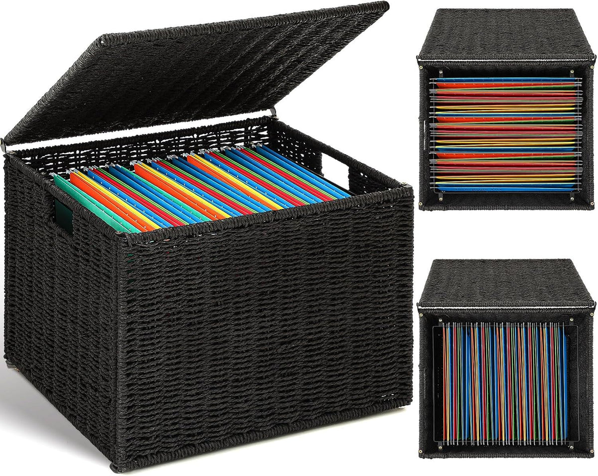 Cinnvoice Decorative File Box, Letter Legal Size, Black, Paper Rope