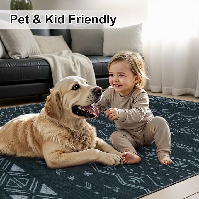 SERISSA 2x5 Kitchen Runner Rug, Washable Non-Slip Grey Boho Rug, Soft Low-Pile