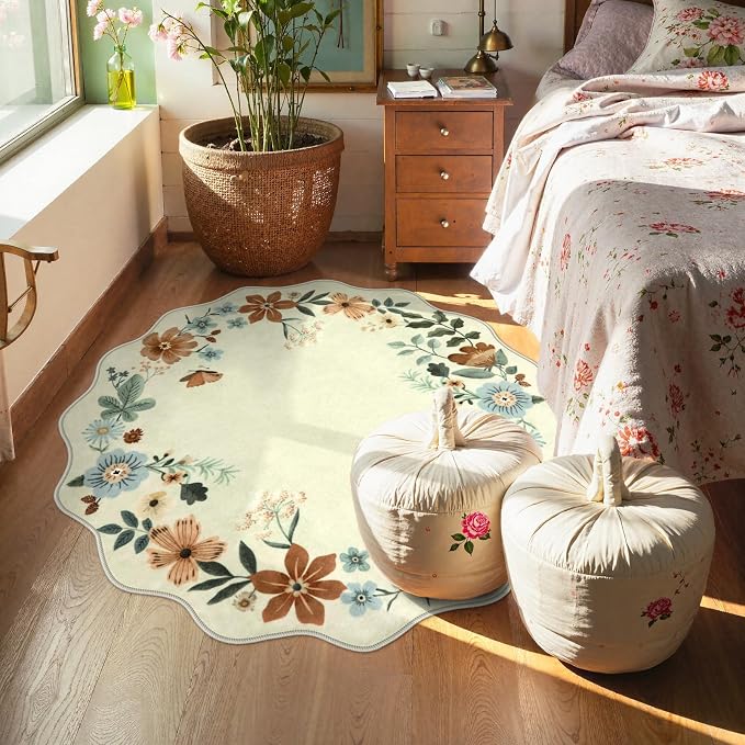 Lahome Floral Round Area Rugs, Washable Small Round Rug 3ft Non-Slip, Soft Boho