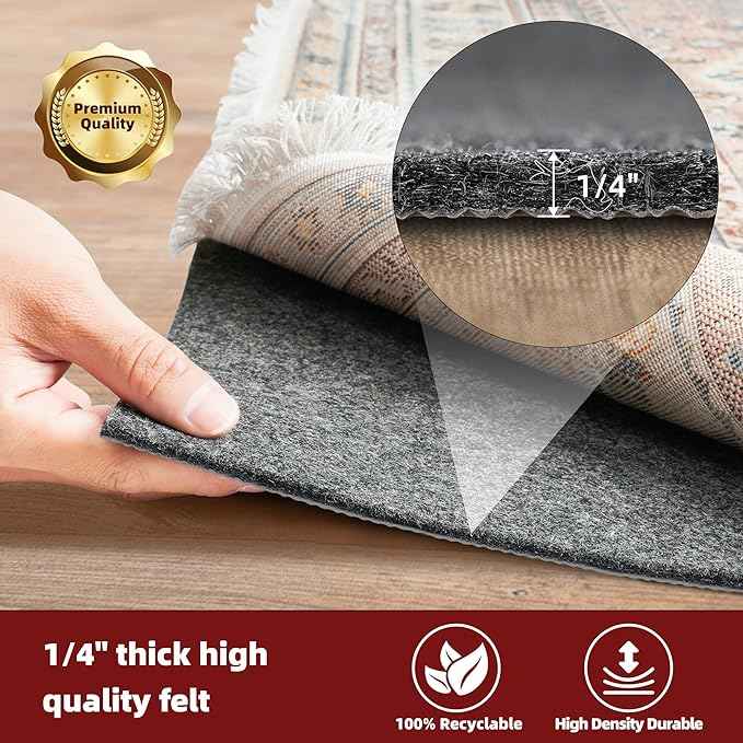 BAGAIL Felt and Natural Rubber Backing Rug Pads 1/4” Thick, 2 x 4 Ft Non Slip