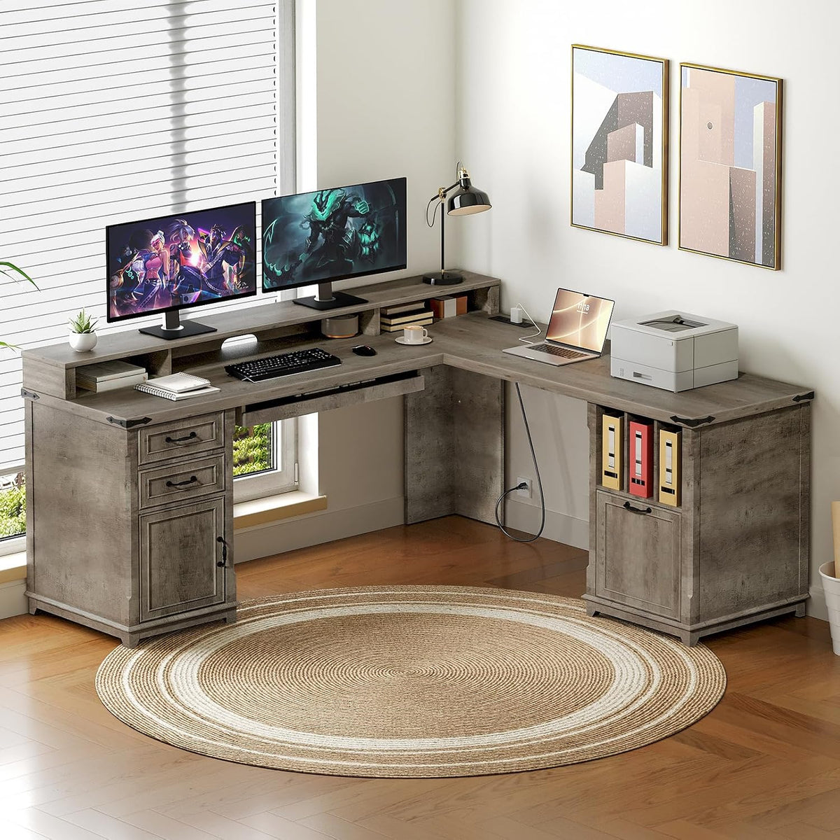 RALGEND Farmhouse 69" L Shaped Office Desk with Drawers and Storage Cabinet