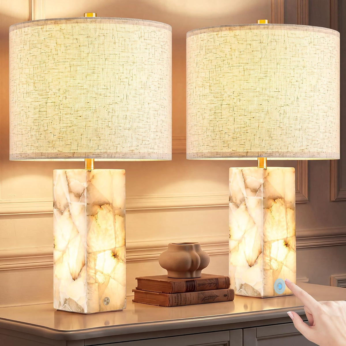 VOLISUN 23" Alabaster Table Lamp Set of 2, Modern Marble Lamp with Linen Shade, Touch Control & 3-Level Dimming, Night Light Bedside Lamps for Bedroom Living Room Office