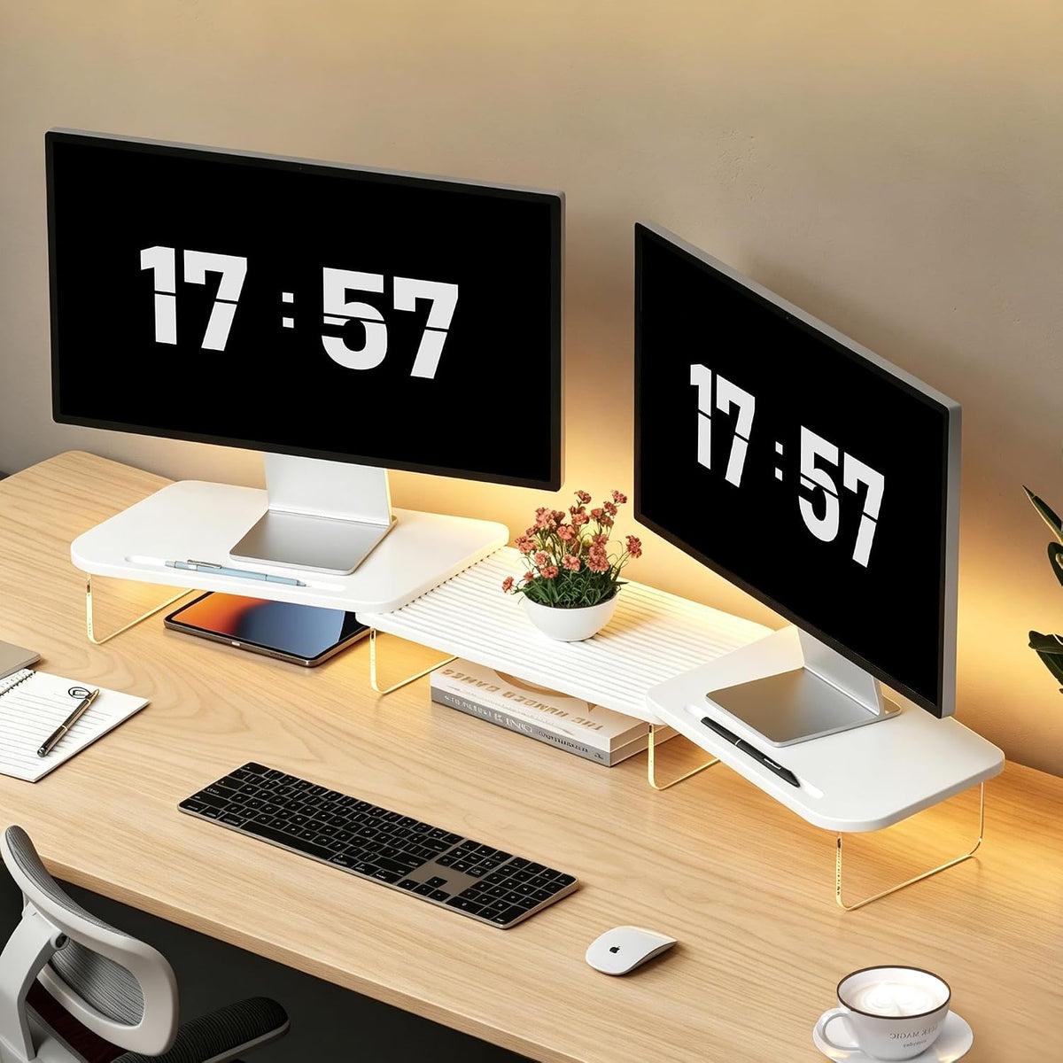 AFOOYO LED Dual Monitor Stand Riser for 2 Monitors,Office Desktop Wooden Stand Adjustable Length and Angle 3 Shelf (White)