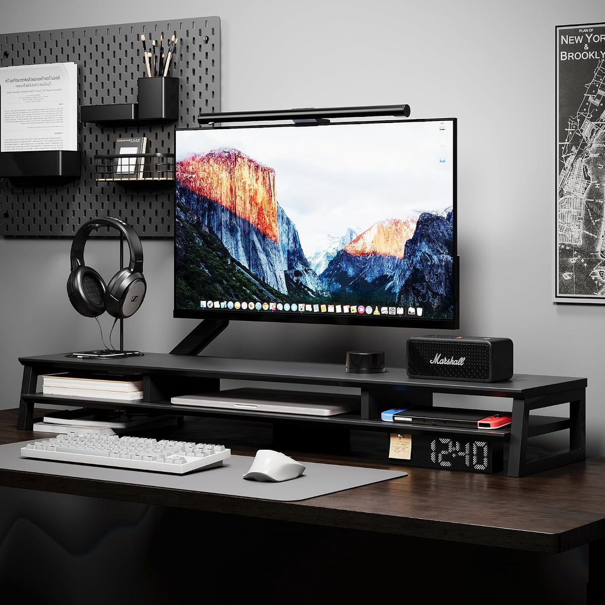 Dual Monitor Stand Riser for Desk, 41.7 Inch Large 2 Tier Computer Monitor Stand for 2 Monitors, Desktop Storage Organizer Shelf with Keyboard Space for Laptop PC Printer, Black