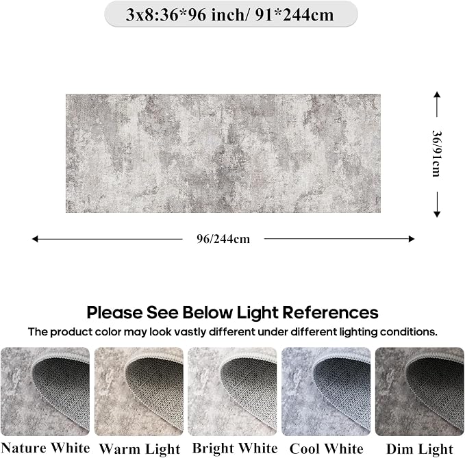 Grey Abstract 3x8 Washable Hallway Runner Rug | Non Slip Low Pile Soft Carpet