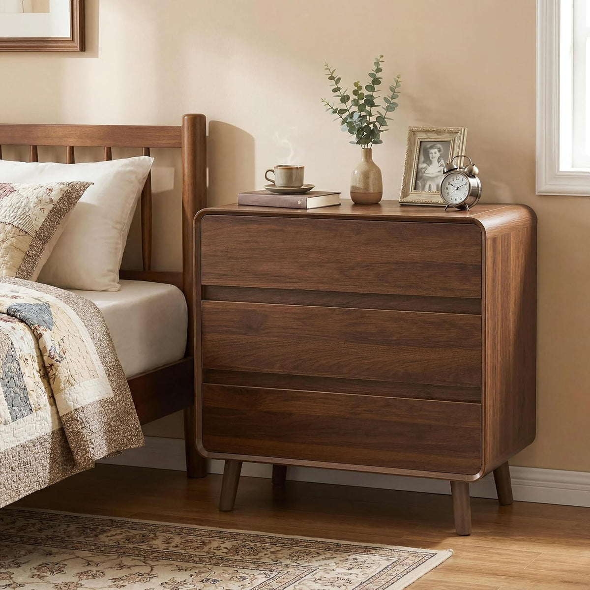 Nasonet 3 Drawer Dresser for Bedroom, Mid Century Modern Chest of Drawers, Curved Dresser with Storage Drawer, Wooden Bedroom Furniture Drawer for Closet, Home Office, Walnut