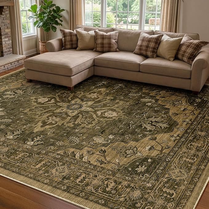 RELEANY Area Rugs 7'x9' Washable Non-Slip, Floral Vintage Distress Medallion