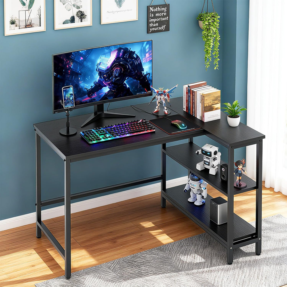 FDW L-Shaped Gaming Desk 39 Inch Computer Desk Corner Desks with Reversible Side Storage Shelves Study Desk Metal Frame PC Work Table for Home Office Dorm Sturdy Writing Workstation,Dark Black