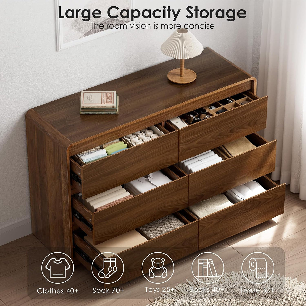 6 Drawer Dresser, 47" Wide Walnut Dresser Wooden Dresser for Bedroom