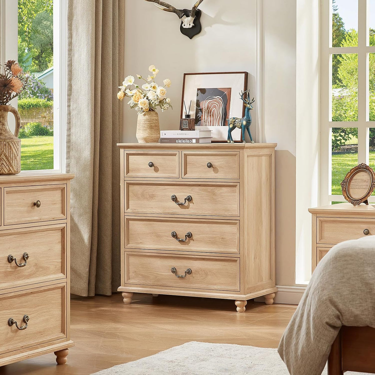 Joaxswe Farmhouse 5 Drawer Dresser for Bedroom, 35" Tall Rustic Chests of Drawers w/ 4 Solid Wood Feet, Mid Century Modern Wooden Closet Storage Dressers Organizer for Living Room, Hallway,Natural