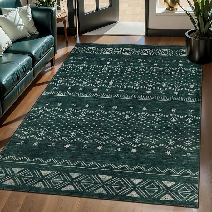 SERISSA 3x5 Area Rugs for Living Room, Washable Non-Slip Dark Green Small Boho