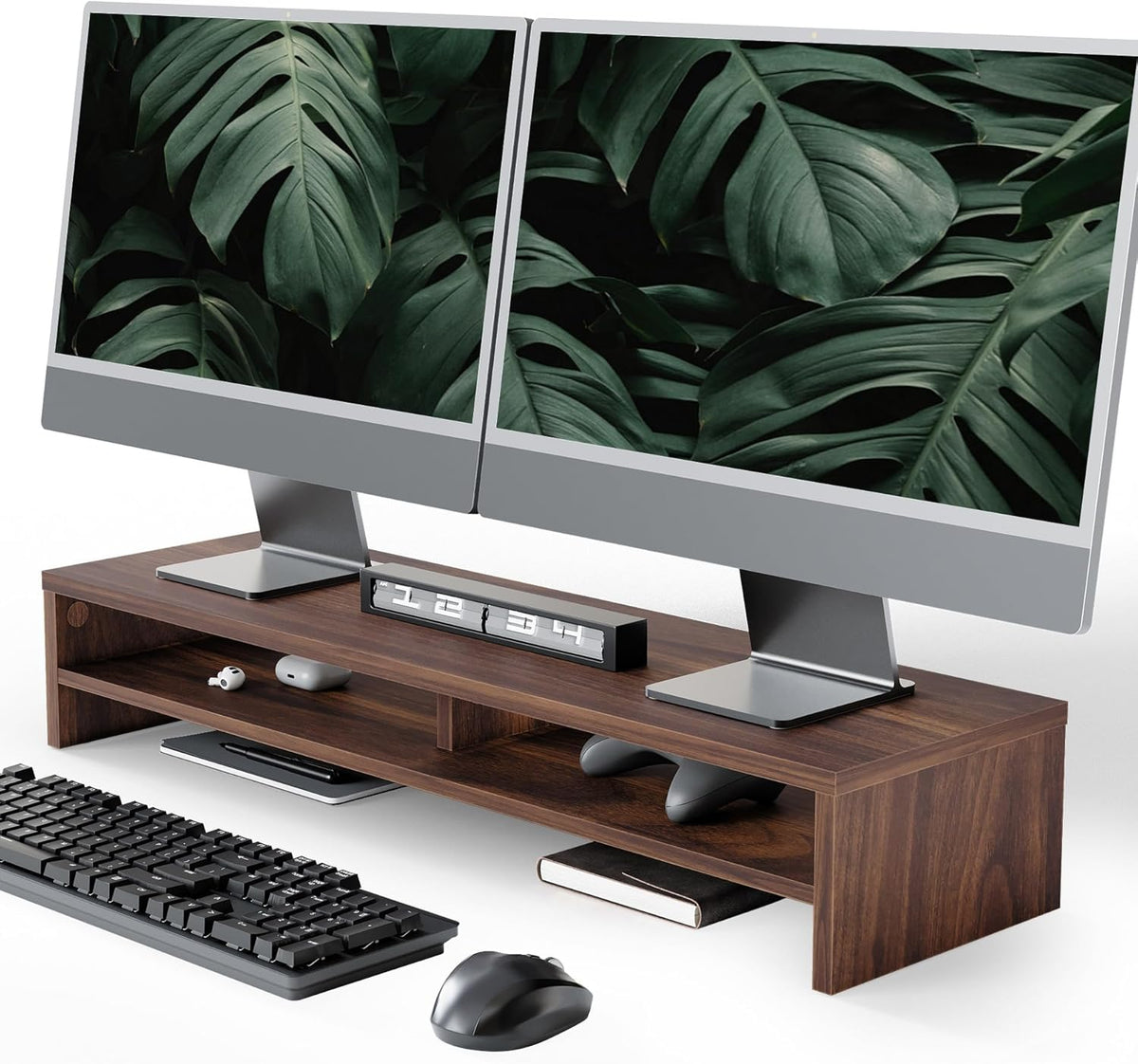 Fenge 31.5 Inch Dual Monitor Stand Riser for Desk, Brown