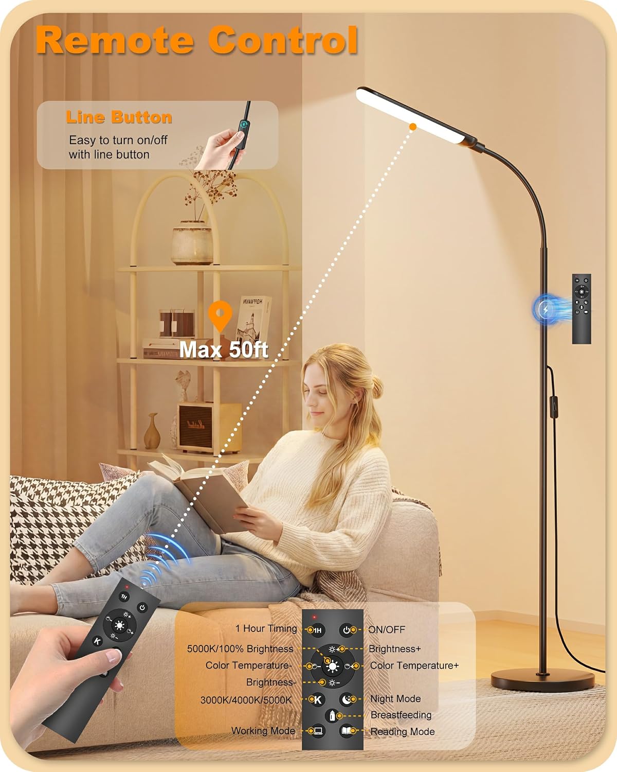 mukuxin LED Floor Lamp, 18W/1800lm Bright Reading Floor Lamp with Remote, Stepless Dimming, 2700K-6500K Color Temperature & Eye-Caring, Gooseneck Modern Standing Light for Living Room Bedroom Office