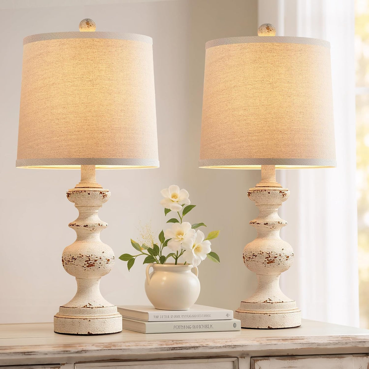 PARTPHONER Farmhouse Table Lamp Set of 2, Rustic Table Lamps for Living Room Bedroom, 22" Mid Century Modern Desk Lamp Bedside Nightstand Lamps with Linen Tapered Drum Shades, Washed White