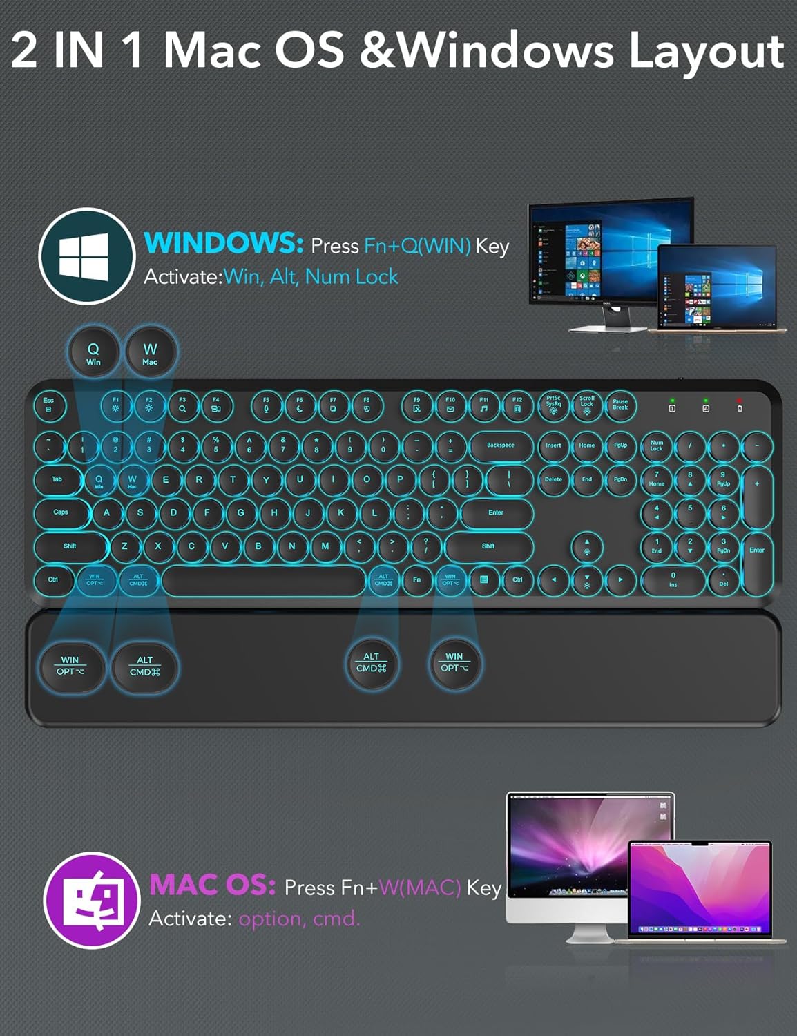 Wireless Keyboard and Mouse Backlit - Round Keycaps, Magnetic Wrist Rest