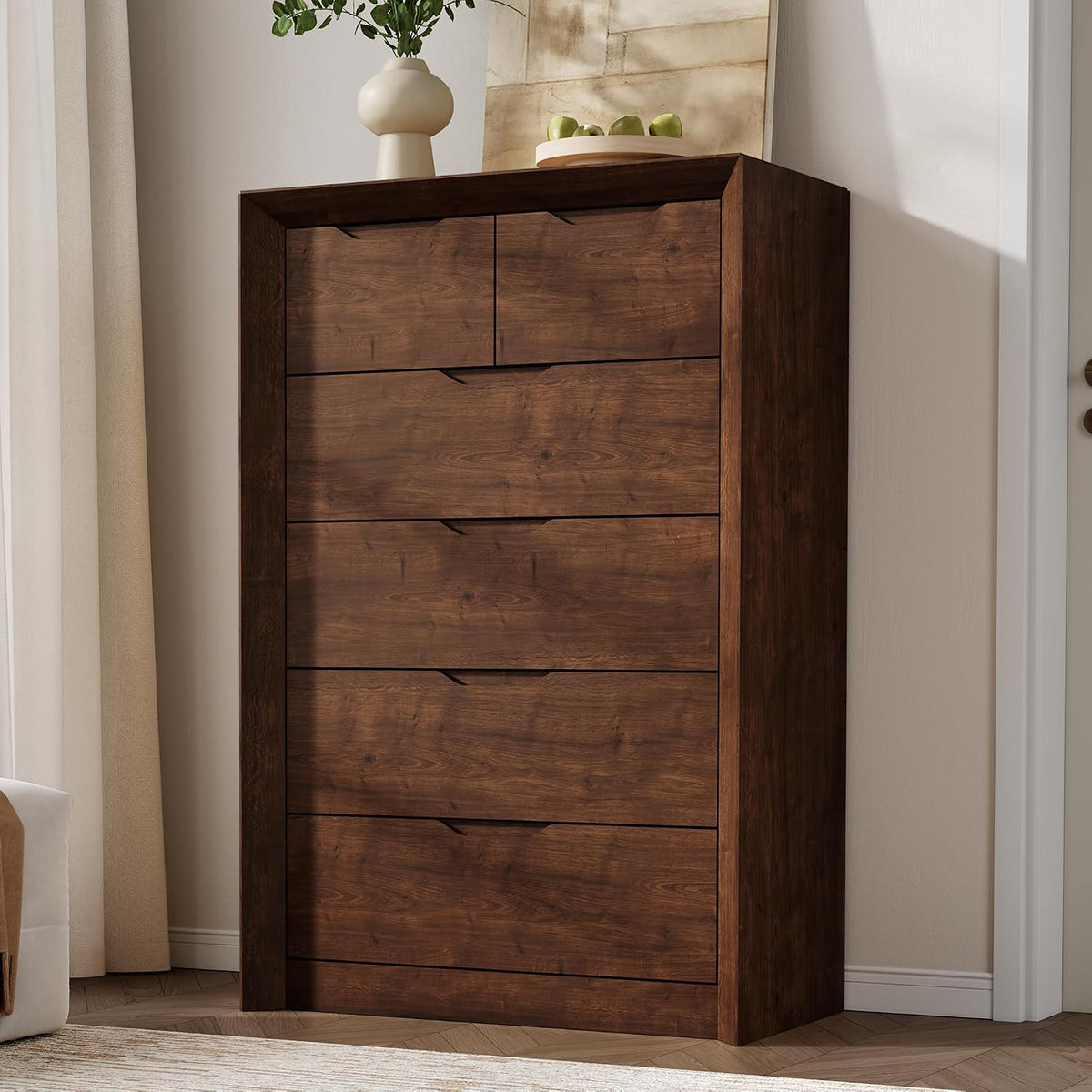YANSNWO Walnut 6 Drawer Dresser for Bedroom, 47.4" Tall Chest of Drawers