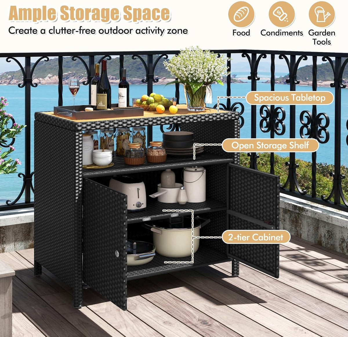 RELAX4LIFE Wicker Outdoor Bar Cabinet - PE Rattan Patio Bar Table