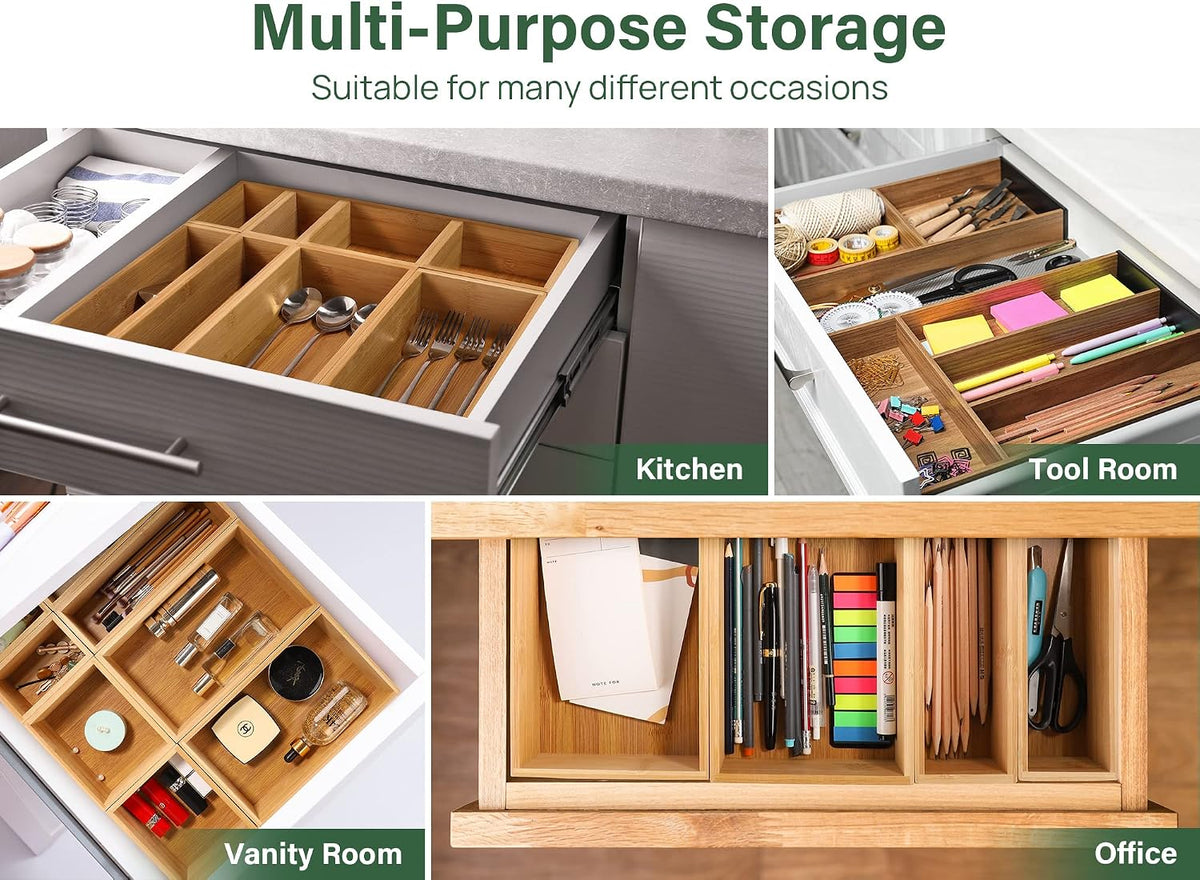 Kootek 8Pcs Bamboo Drawer Organizer 4-Size Kitchen Storage Box for Flatware
